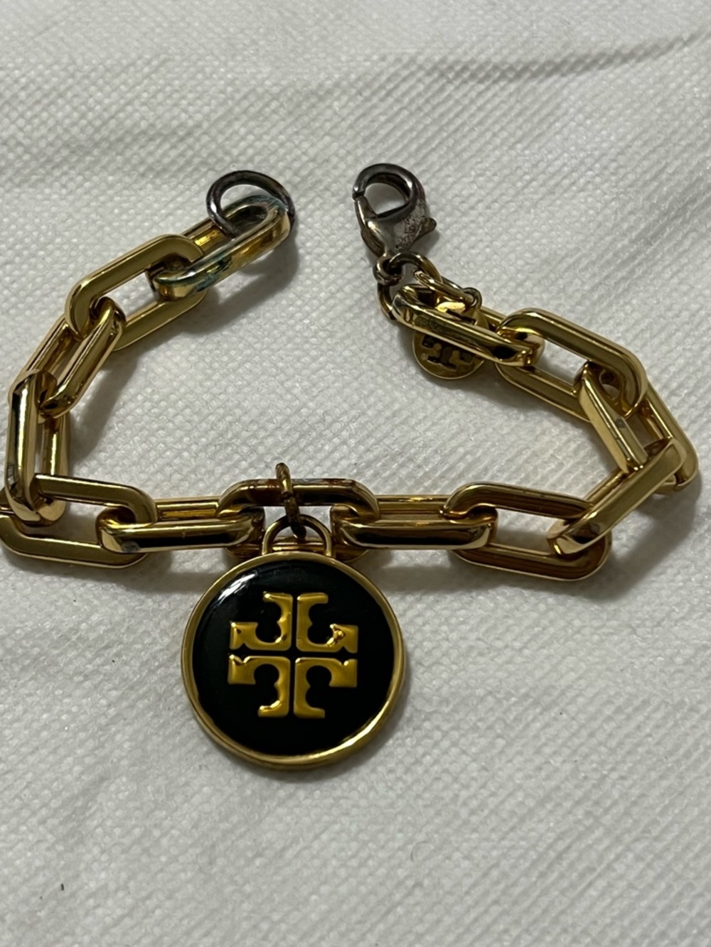 Tory Burch Gold Chain Bracelet with Black Enamel Logo Disc